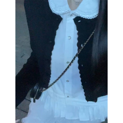 秋季新款韩系小众内搭娃娃领上衣长袖黑色开衫气质两件套女套装潮