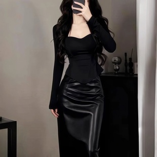 女黑色方领长袖 法式 套装 高级感大码 上衣半身裙气质显瘦两件套 新款