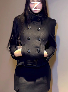 新款轻熟风黑色立领双排扣毛呢短外套秋冬收腰显瘦半身裙气质套装