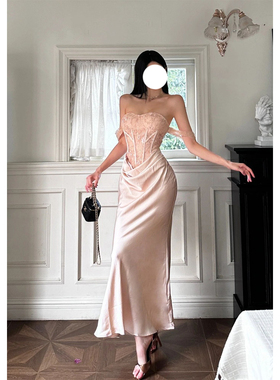 新款纯欲风性感蕾丝拼接修身显瘦抹胸长连衣裙微胖大码包臀鱼尾裙