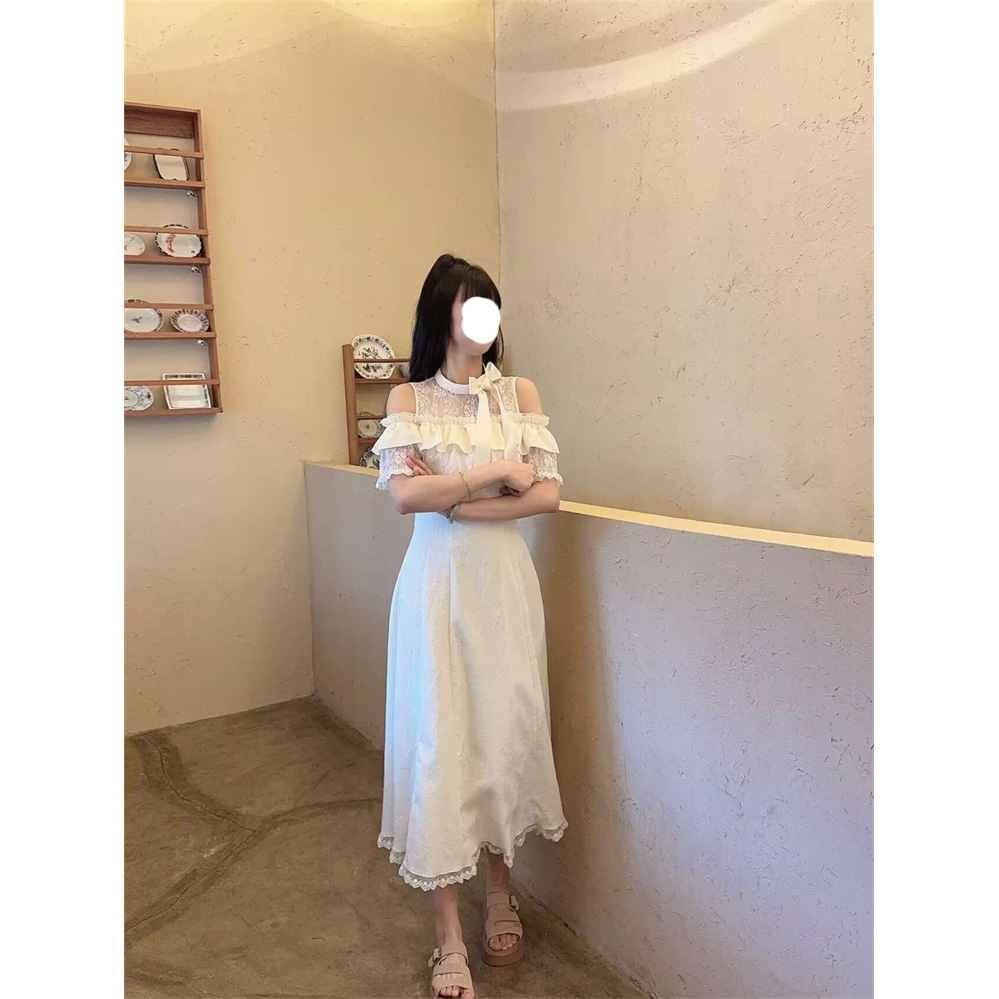 新款时尚气质性感纯欲风蕾丝拼接短袖连衣裙女微胖收腰显瘦长裙