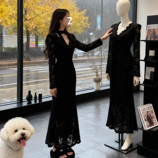 时尚 连衣裙秋新款 高级感V领蕾丝裙 小众轻奢优雅名媛气质长袖 法式