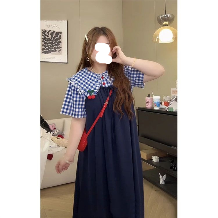 法式时尚气质学院风新款设计感格子短袖衬衫微胖MM纯色连衣裙套装