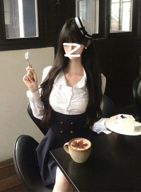 大码mm法式复古设计黑色连衣裙女秋季新款修身显瘦衬衫外套三件套