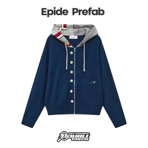 【Epide Prefab】Striped hat条纹帽纽扣拉链两穿连帽智性针织衫