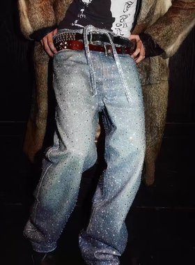 【明星同款】Birth of Royal Child borc重工立体印花满钻牛仔裤