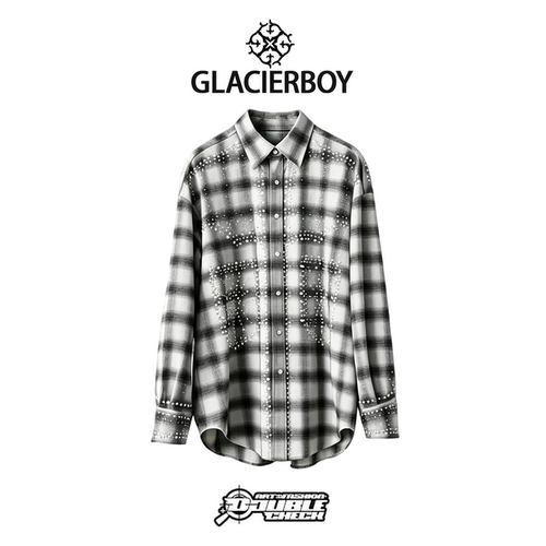 GLACIERBOY烫钻格纹落肩衬衫
