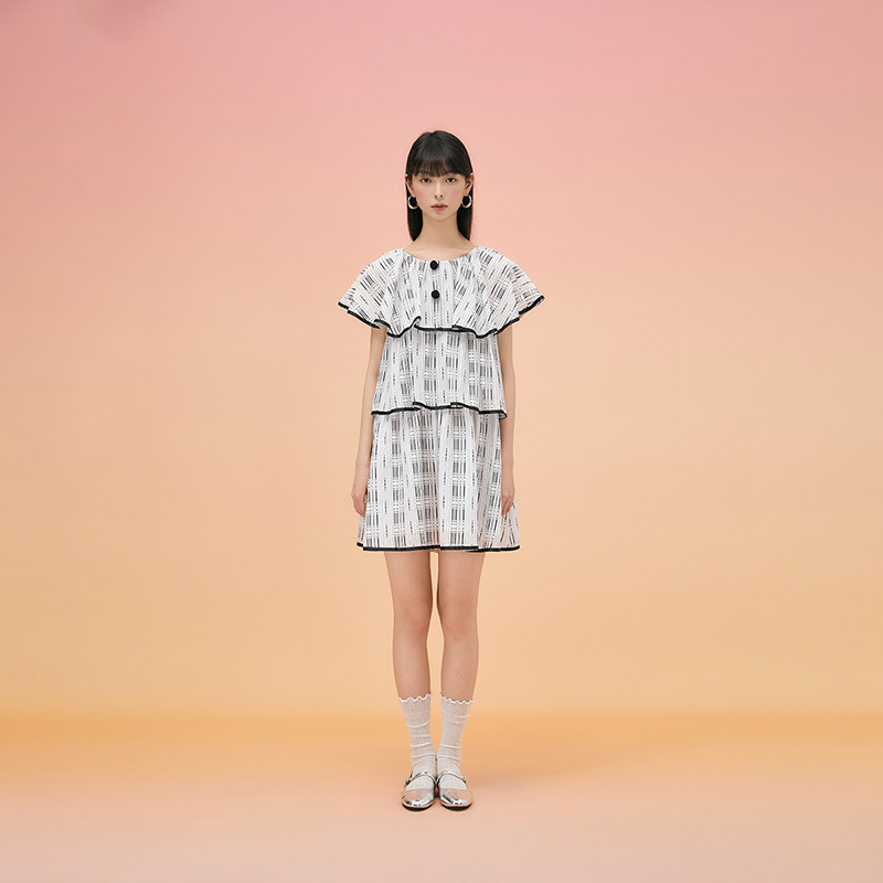 LINRICAL法式经典黑白条纹蛋糕裙女夏季撞色包边宽松圆领连衣裙