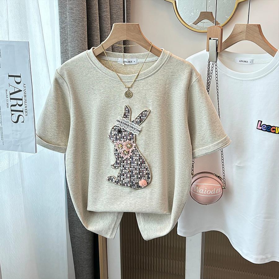 2025新款正肩磨毛短袖t恤女时尚百搭重工刺绣上衣内搭打底衫秋冬