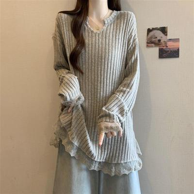 蕾丝拼接V领毛衣女春季大码胖mm洋气中长款遮屁股上衣打底针织衫