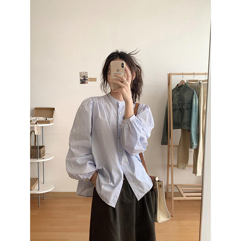 林晕晕泡泡袖蓝色条纹衬衫女秋新款chic设计感韩版小立领复古上衣
