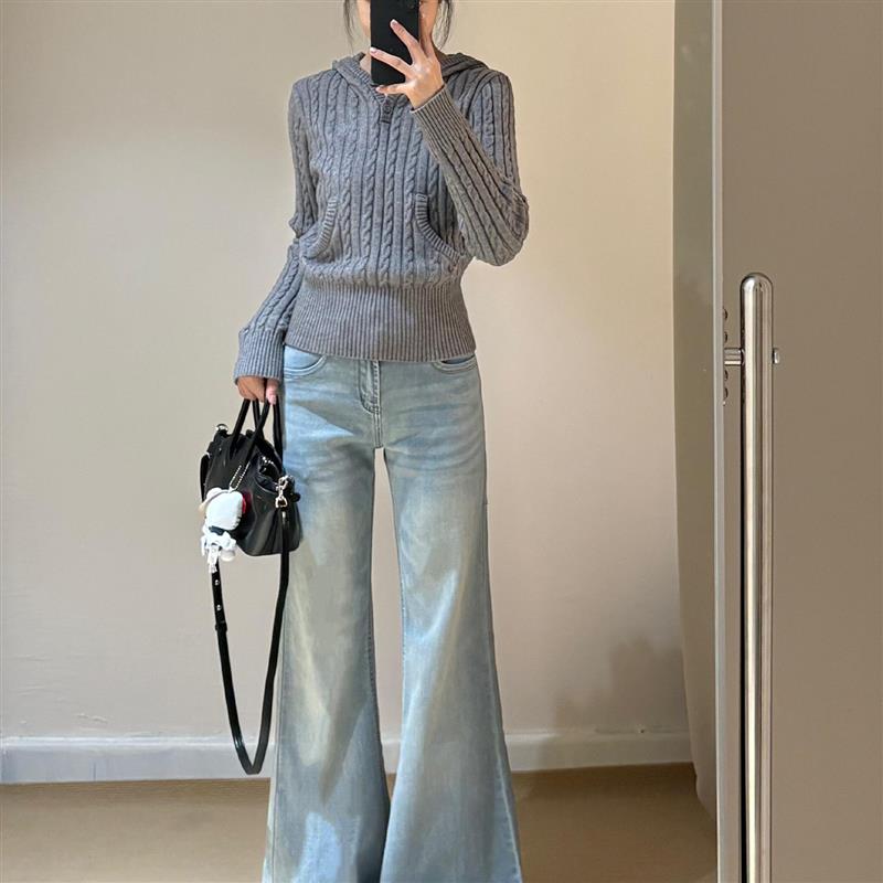 灰色连帽麻花毛衣女2025新款早春秋季高级感慵懒风修身针织衫上衣