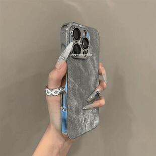 电镀牛仔纹自带护镜适用iPhone16pro手机壳高颜值苹果15ProMax小众个性 13保护套12男女全包防摔15plus 14新款