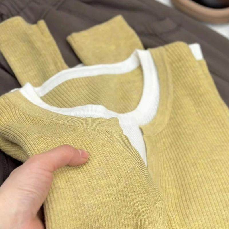 自留款推荐~软糯V领假两件上衣女撞色减龄长袖毛衣独特针织打底衫