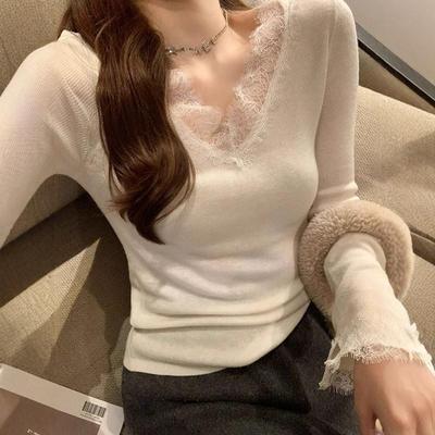 纯欲高级感白色蕾丝V领针织打底衫女春秋修身毛衣内搭气质小上衣