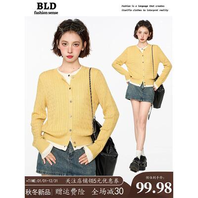 黄色假两件针织衫开衫女春秋早秋短款修身内搭打底衫毛衣外套上衣