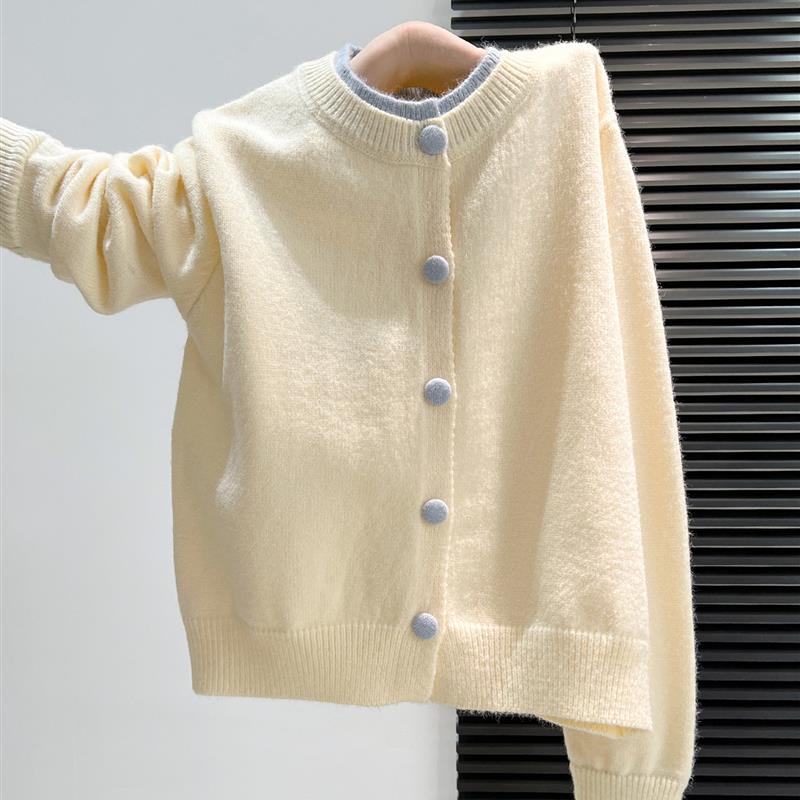 韩系撞色拼接假两件针织开衫女秋冬2025新款百搭圆领毛衣外套上衣