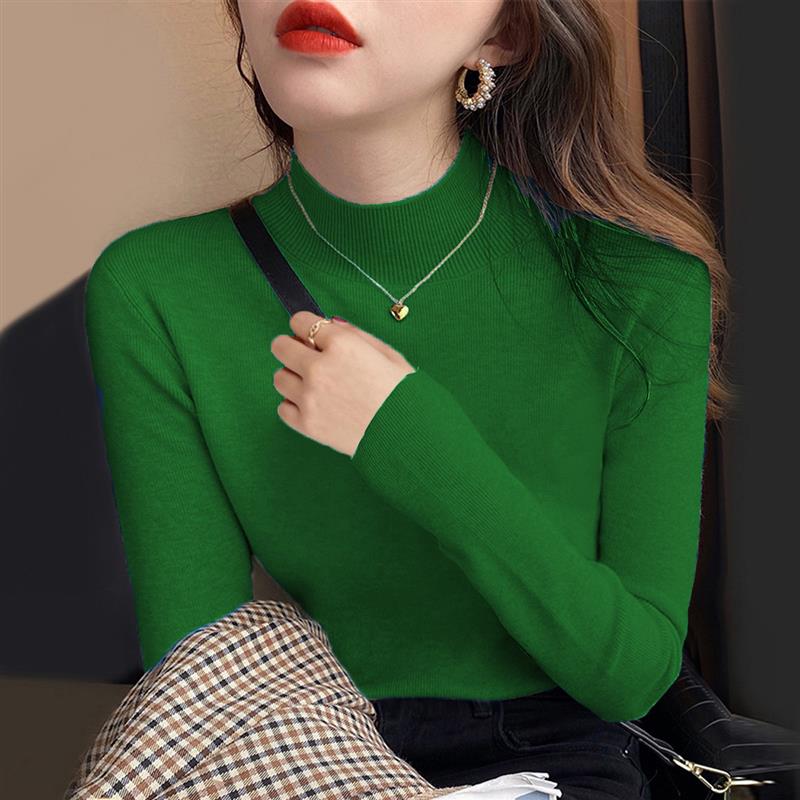 半高领针织衫女内搭秋冬别致绿色打底衫洋气毛衣2025新款中领上衣