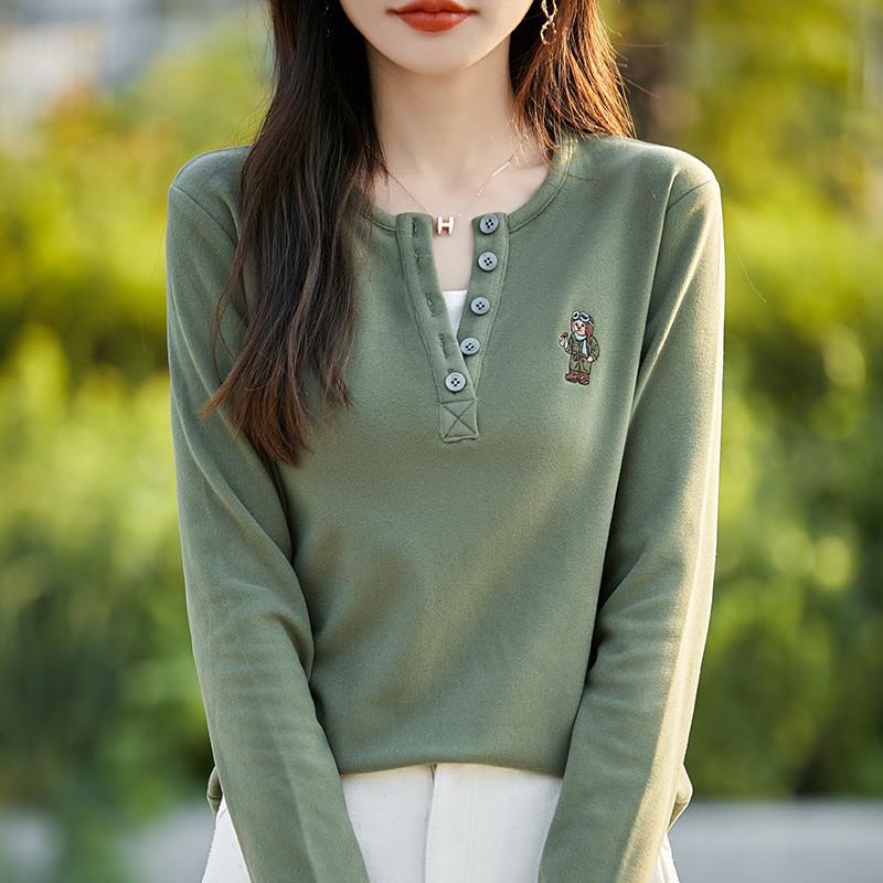 2024秋季新款双面德绒半开领撞色打底衫女长袖T恤刺绣保暖上衣