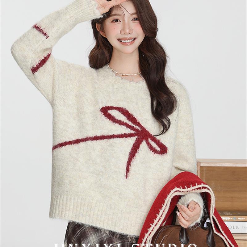 韩系蝴蝶结圆领长袖软糯毛衣女秋冬甜美慵懒风宽松套头针织衫上衣