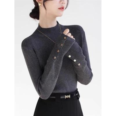 高级感深灰色半高领针织衫女2025春秋好看洋气上衣内搭毛衣打底衫