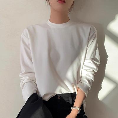 纯棉半高领打底衫女宽松长袖T恤2025年春秋内搭洋气百搭白色上衣