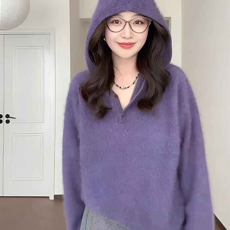 慵懒风软糯紫色连帽毛衣女2025新款秋季高级感内搭外穿针织衫上衣