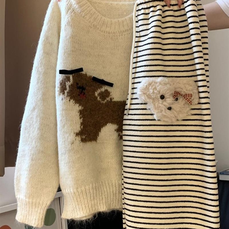 慵懒风秋冬穿搭小狗圆领套头毛衣针织衫甜美厚实软糯韩系上衣内搭