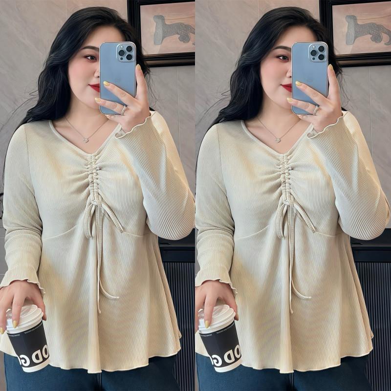 300斤大码女装设计感小众v领长袖T恤胖m显瘦遮肚子打底衫内搭上衣