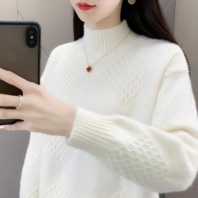 水貂绒毛衣女2024冬季新款加厚加绒针织打底衫半高领白色内搭上衣