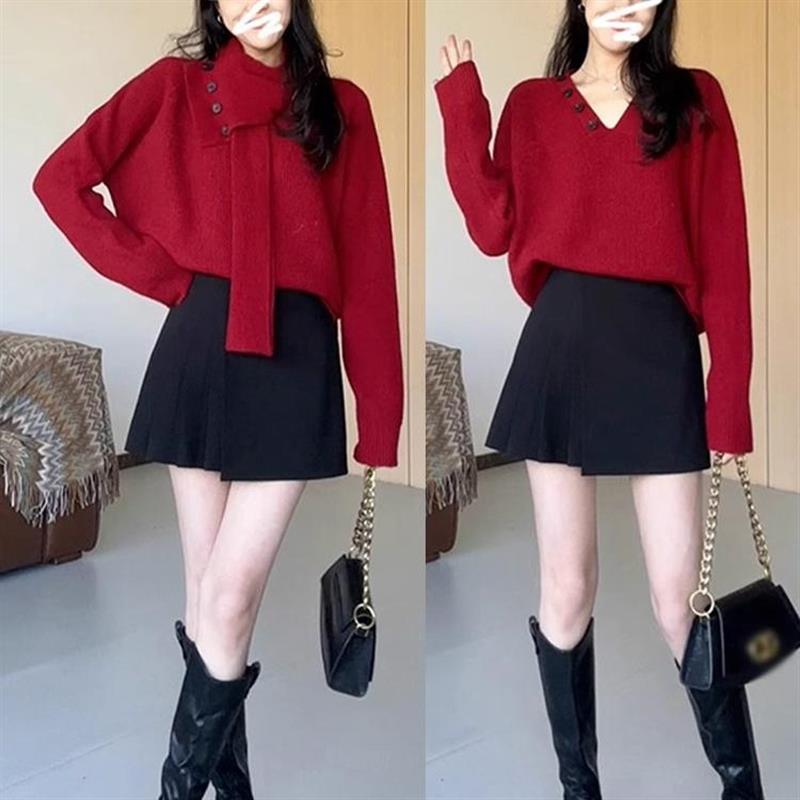 圣诞氛围感穿搭红色围脖毛衣女秋冬季2024新款慵懒风高级感针织衫