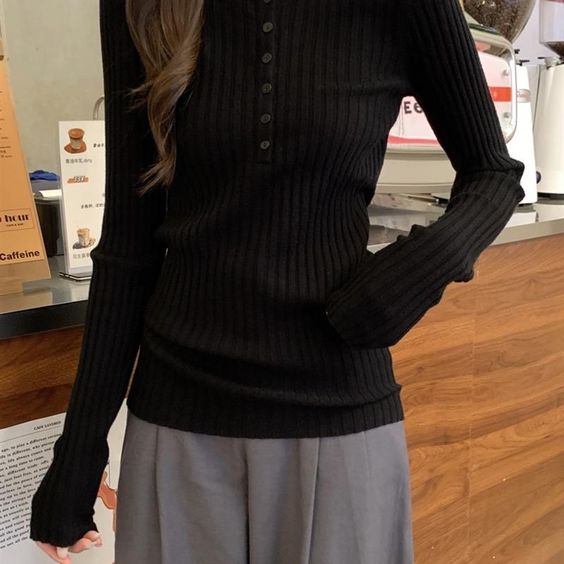 黑色高智感针织衫女秋冬半开领坑条内搭打底上衣时髦正肩长袖毛衣