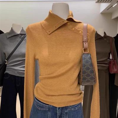 黄色不规则短款半高领长袖针织衫女秋季修身内搭打底毛衣翻领上衣