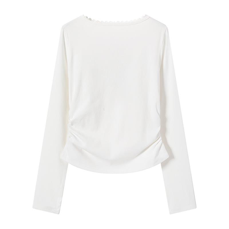 BELLA灰色蕾丝u领正肩长袖t恤女秋季褶皱收腰修身打底衫内搭上衣