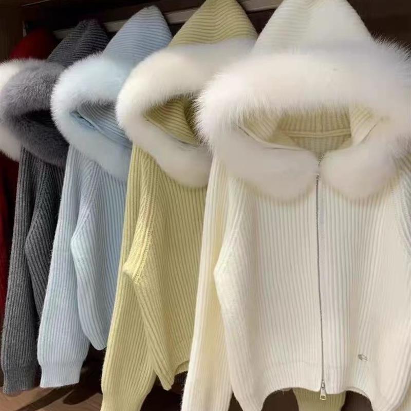 韩系慵懒风高级感连帽毛衣外套针织开衫女秋冬季可拆毛领外搭上衣