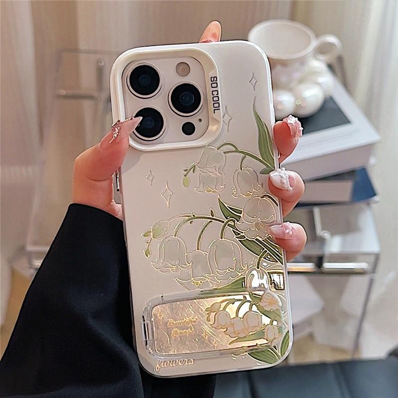 铃兰花镜子支架新款适用苹果16Promax手机壳iPhone15pro小米14华为mate60p70nova12k50荣耀vivox200一加13s19