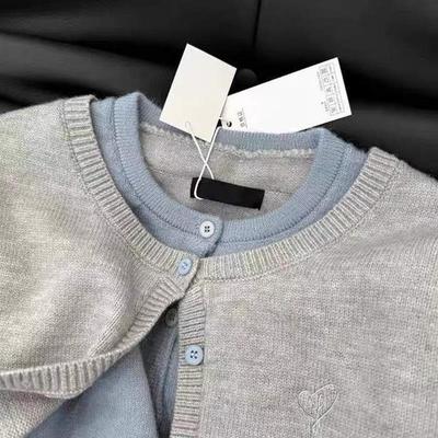 格雷系假两件针织毛衣外套女2025秋冬新款灰色高级感拼接开衫上衣