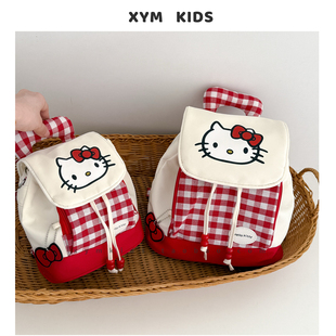 红格子Kitty猫儿童双肩包可抽绳出游轻便宝宝背包迷你女童斜挎包