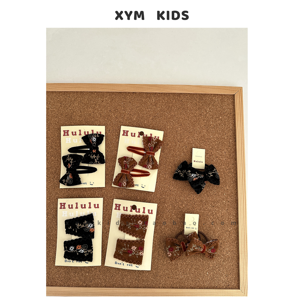 ins同款女童复古刺绣丝绒蝴蝶结发夹头绳秋冬儿童刘海夹发绳头饰