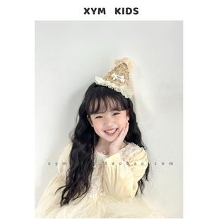 鎏金派对~ins金色儿童生日帽发夹高级感亮片头纱女童发饰礼服配饰