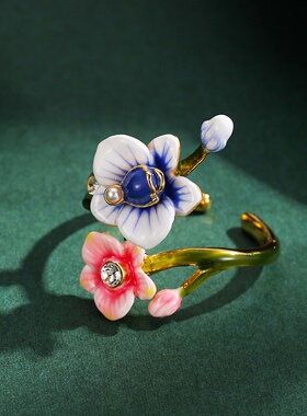 原创设计珐琅彩釉兰花开口可调节戒指轻奢手绘粉蓝双色花朵指环女