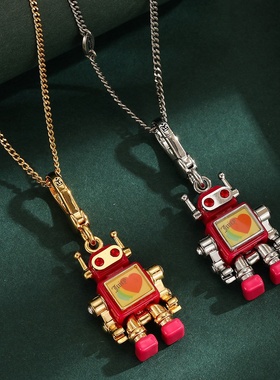 跨境轻奢印花字母爱心可活动小机器人吊坠项链设计感挂件钥匙扣女