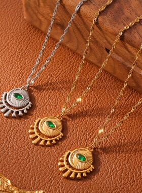 法式复古吊坠女小众设计项链眼睛镶嵌锆石钛钢镀金不掉色轻奢饰品