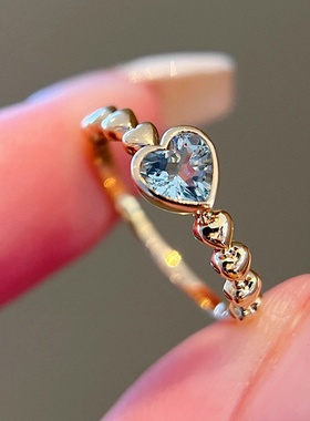 s925纯银戒指女INS法式风海蓝爱心指环个性精致气质时尚通勤百搭