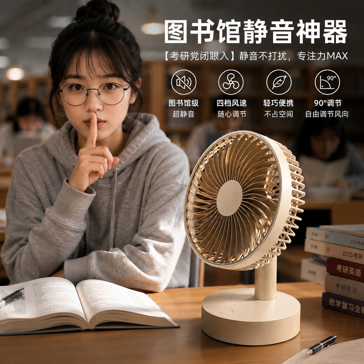 考研党图书馆USB充电小风扇静音制冷6寸台扇床头扇长续航长充电