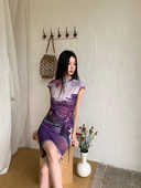 新中式 高级名媛风小香双面穿网纱花卉旗袍弹力网纱上衣半裙两件套