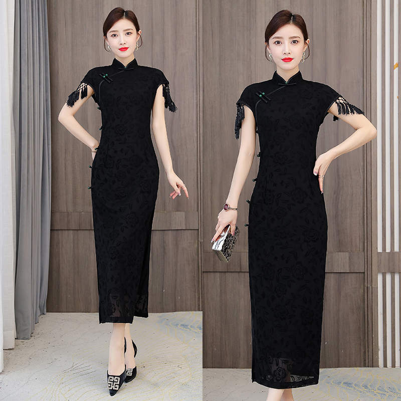 动舞中国提花改良旗袍连衣裙修身