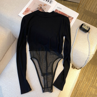 22设计感小众网纱连体上衣性感打底衫甜辣妹连裆T恤女长袖舞蹈服
