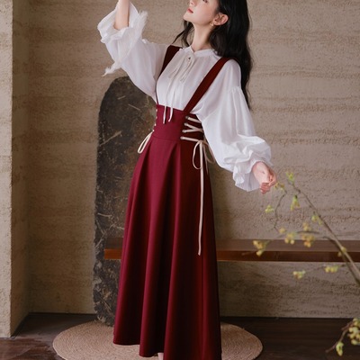 2025秋冬法式复古赫本高腰A字背带裙长裙宫廷风灯笼袖衬衫两件套