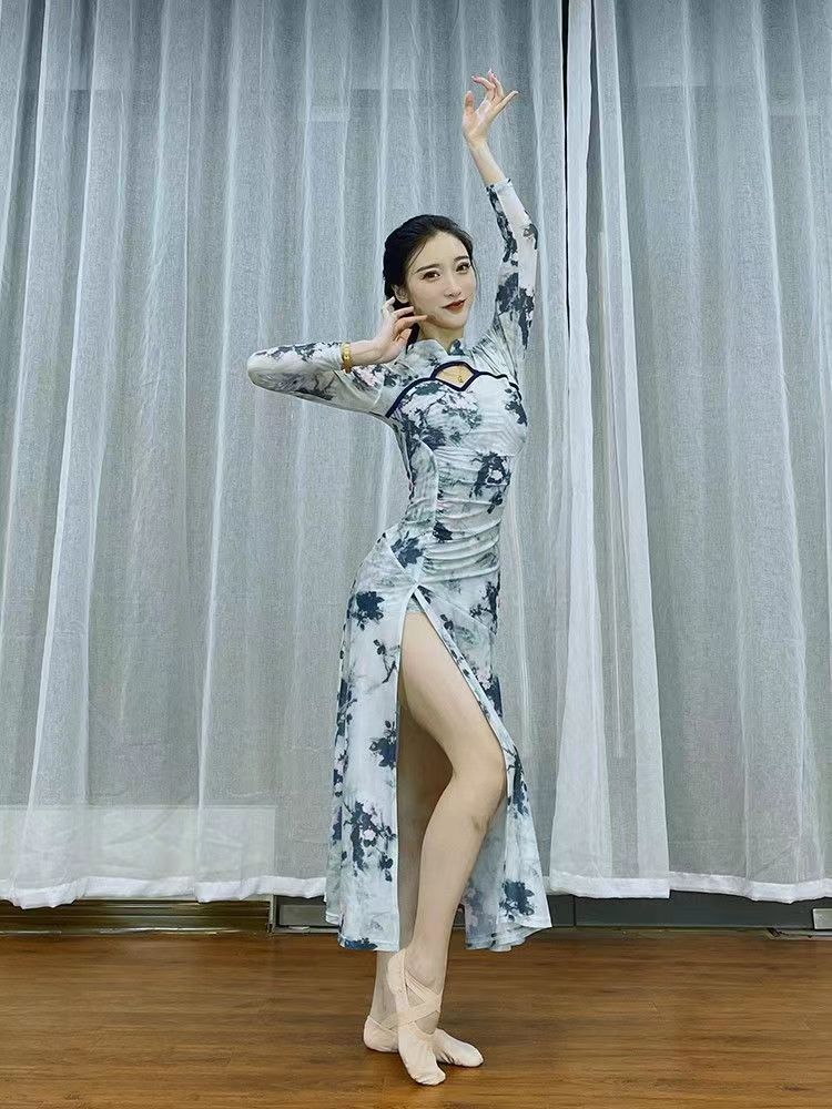 演出服印花现代舞开叉弹力旗袍裙